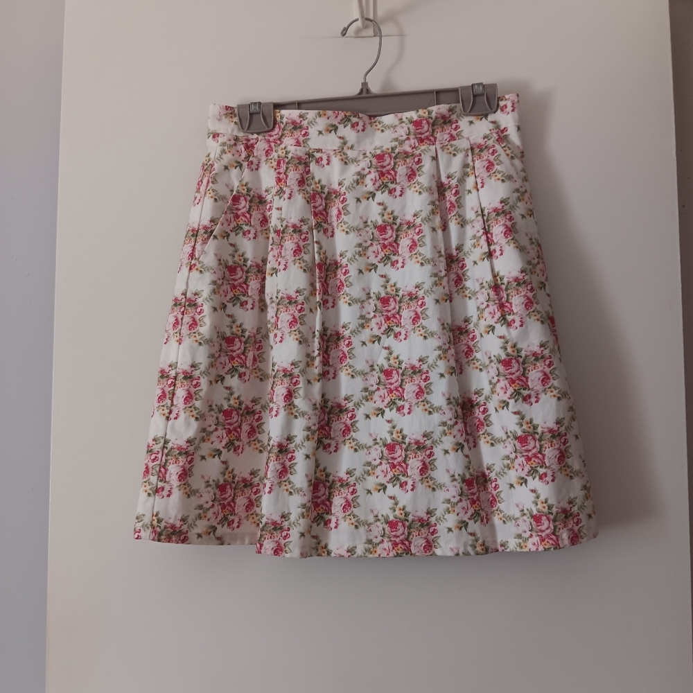 BIRDS OF NORTH AMERICA Aracari Pleat Rose Print Cotton Skirt 10